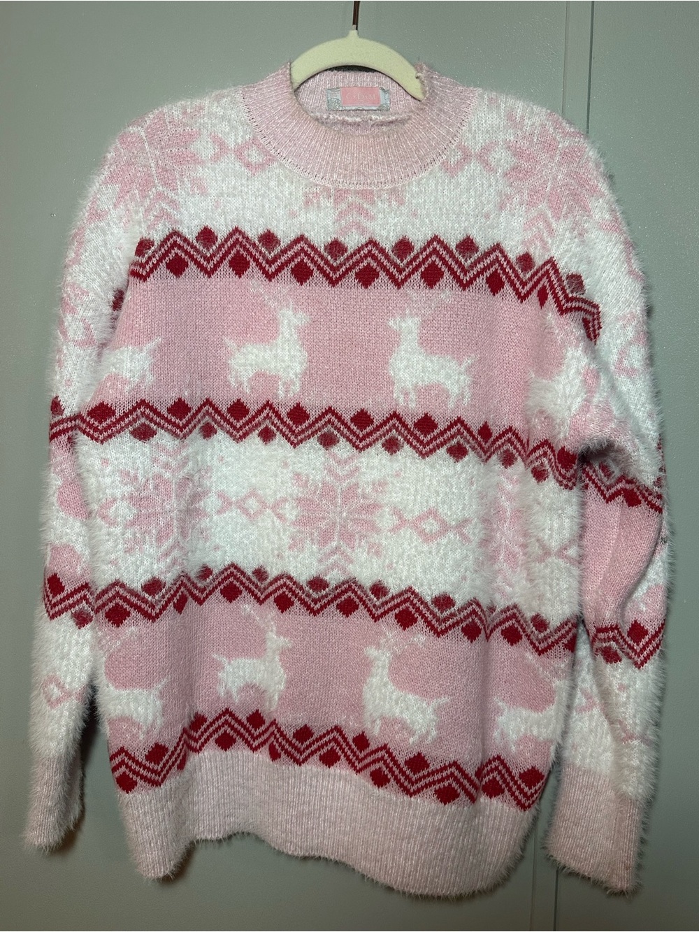 C+D+M Pink Fair Isle Holiday Reindeer Fuzzy Sweater Y2K Coquette Winter